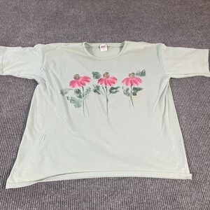 VTG Anvil Top Womens 2X Green Single Stitch Painted Art Flowers Floral Retro 90s